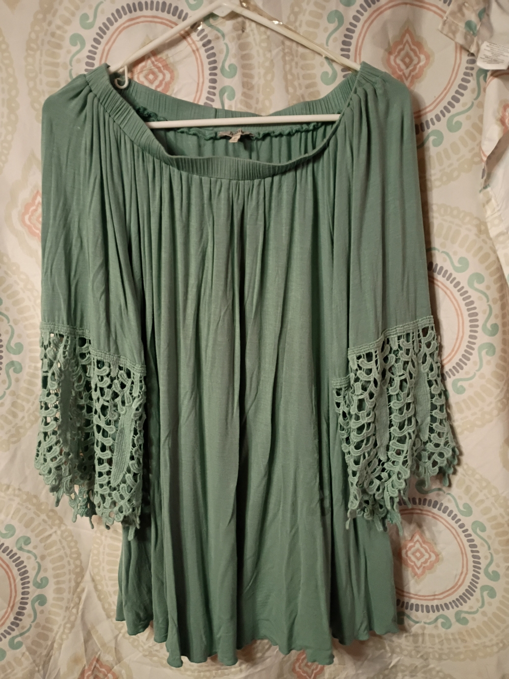 JODIFL Sage Green Off-Shoulder Tunic with Crochet Bell Sleeves